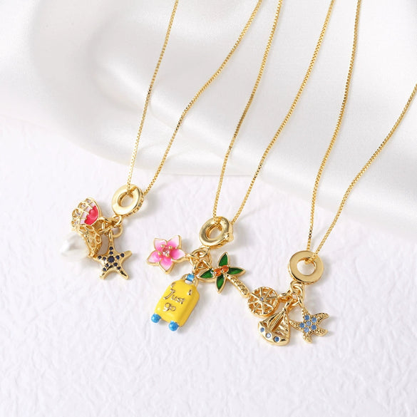 Wholesale Jewelry Minimalist Geometric Copper Pearl Flower Starfish Sailing Pendant Necklace Gold Plated Box Chain