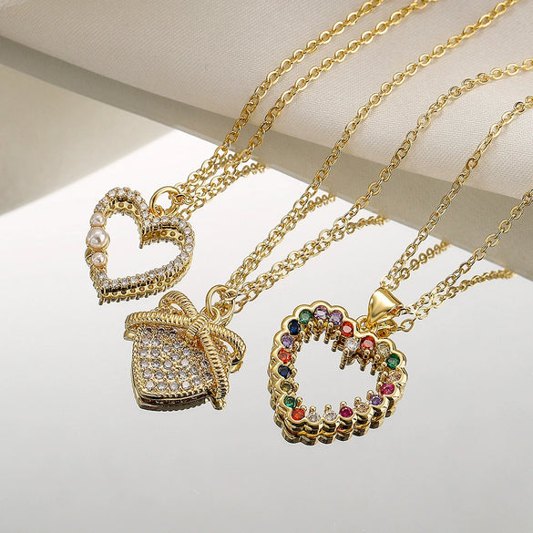 Wholesale Jewelry Minimalist Geometric Copper Zircon Pearl Love Pendant Necklace For Women