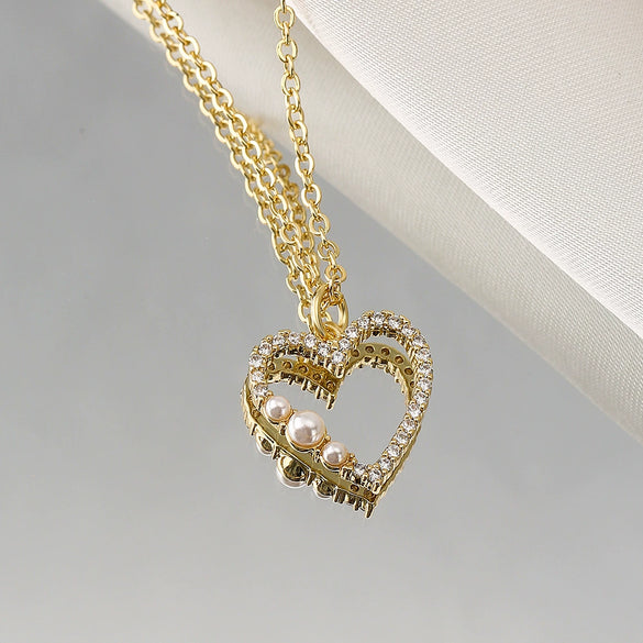Wholesale Jewelry Minimalist Geometric Copper Zircon Pearl Love Pendant Necklace For Women