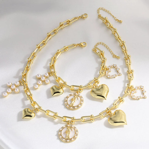Wholesale Jewelry Minimalist Geometric Heart Copper Goldplated Necklace Set For Women