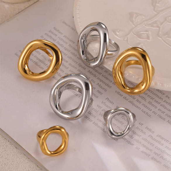 Wholesale Jewelry Minimalist Geometric Hollow Irregular Circle Joker Ring Titanium Steel 18K Gold Plated