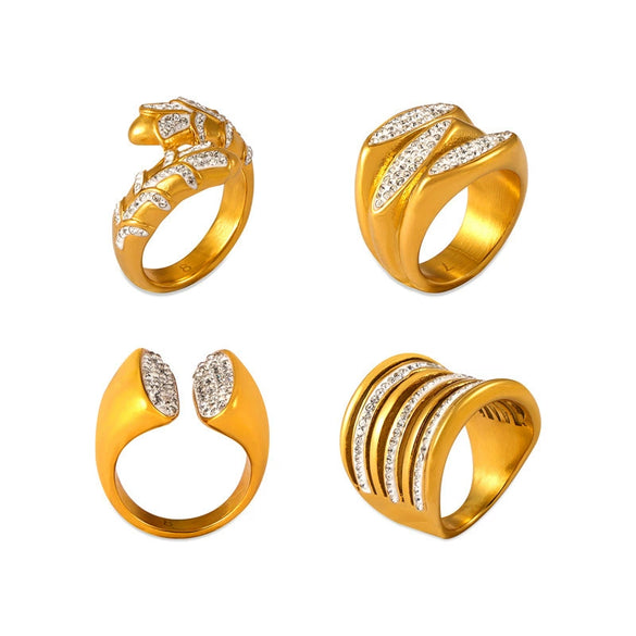 Wholesale Jewelry Minimalist Light Luxury Style Geometric 316L Stainless Steel Goldplated Ring With Stars And Diamonds Design