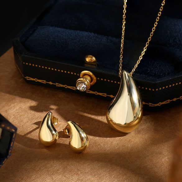 Wholesale Jewelry Minimalist Style 925 Silver Heart Water Drop Bell Pendant Necklace And Earrings Set With Electroplating