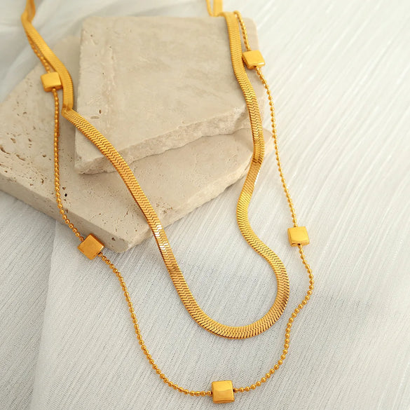Wholesale Jewelry Modern Style Simple Style Classic Style Square 304 Stainless Steel 18K Gold Plated Layered Plating Double Layer Necklaces