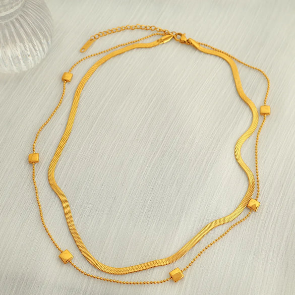 Wholesale Jewelry Modern Style Simple Style Classic Style Square 304 Stainless Steel 18K Gold Plated Layered Plating Double Layer Necklaces