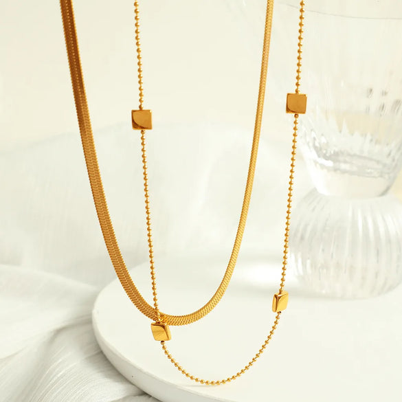 Wholesale Jewelry Modern Style Simple Style Classic Style Square 304 Stainless Steel 18K Gold Plated Layered Plating Double Layer Necklaces