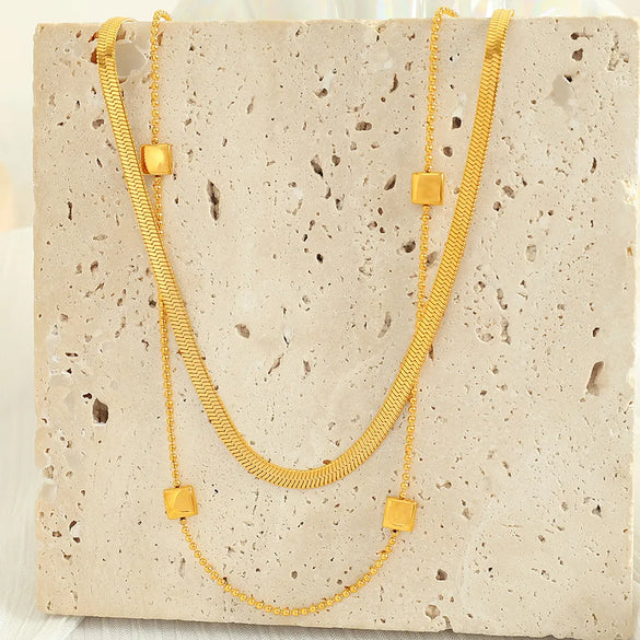 Wholesale Jewelry Modern Style Simple Style Classic Style Square 304 Stainless Steel 18K Gold Plated Layered Plating Double Layer Necklaces