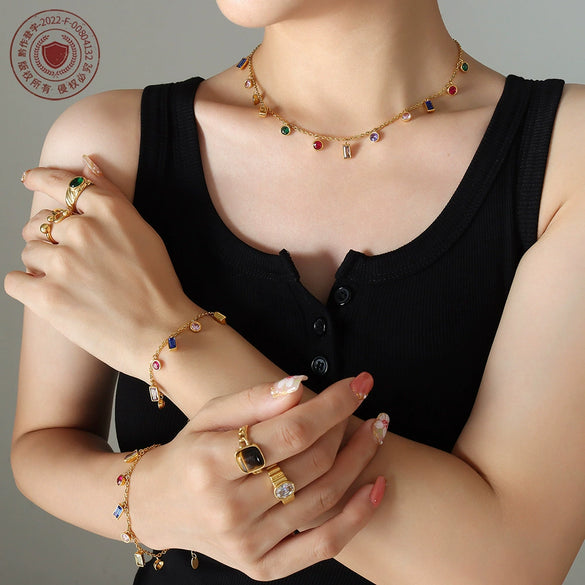 Wholesale Jewelry Multicolor Zircon 316L Stainless Steel Electroplated Necklace And Bracelet Set