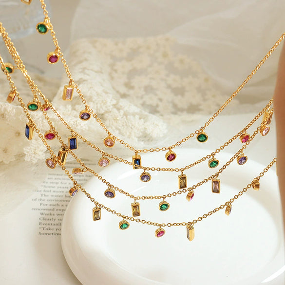 Wholesale Jewelry Multicolor Zircon 316L Stainless Steel Electroplated Necklace And Bracelet Set