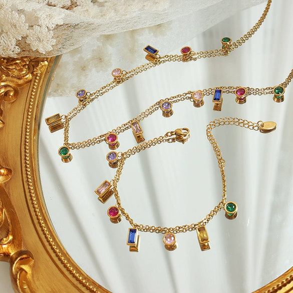 Wholesale Jewelry Multicolor Zircon 316L Stainless Steel Electroplated Necklace And Bracelet Set