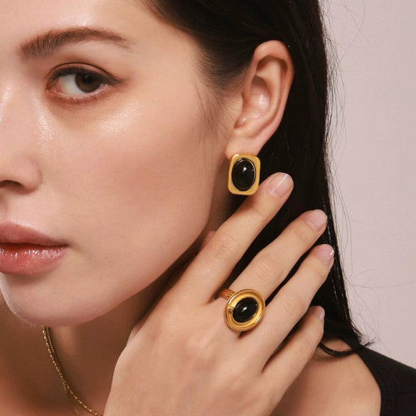 Wholesale Jewelry Natural Black Onyx And 316L Stainless Steel Electroplated With 18K True Gold Earrings Necklace Ring For Women