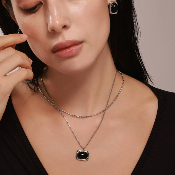 Wholesale Jewelry Natural Black Onyx And 316L Stainless Steel Electroplated With 18K True Gold Earrings Necklace Ring For Women