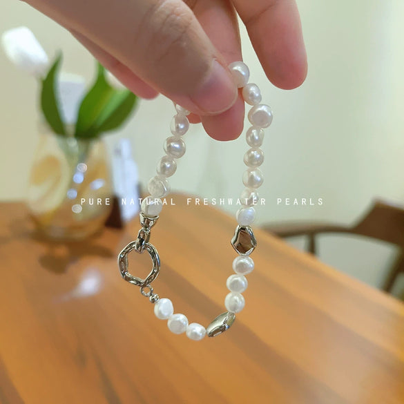 Wholesale Jewelry Natural Freshwater Pearl And Copper Geometric Irregular Necklace And Bracelet Set With Electroplating For Women