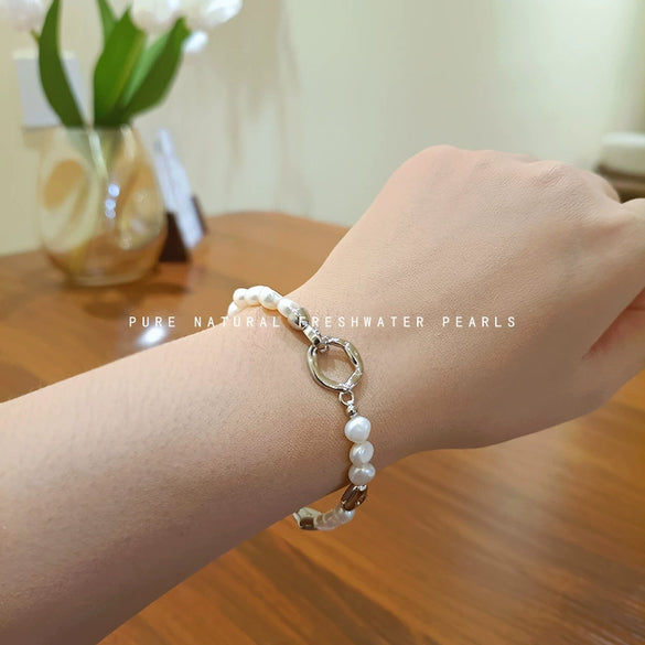 Wholesale Jewelry Natural Freshwater Pearl And Copper Geometric Irregular Necklace And Bracelet Set With Electroplating For Women