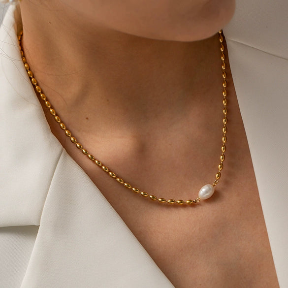Wholesale Jewelry Natural Freshwater Pearl Oval Gold Bean Geometric Stainless Steel Electroplated Braceletnecklace For Women