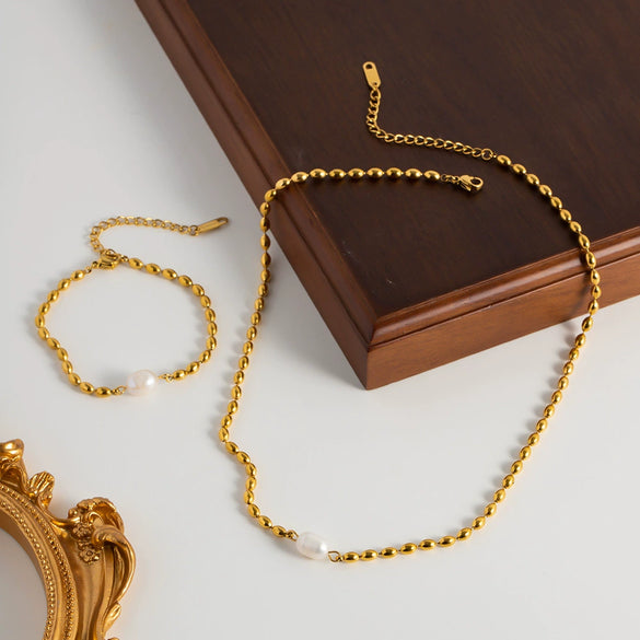 Wholesale Jewelry Natural Freshwater Pearl Oval Gold Bean Geometric Stainless Steel Electroplated Braceletnecklace For Women