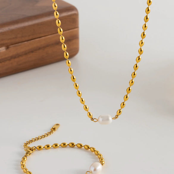 Wholesale Jewelry Natural Freshwater Pearl Oval Gold Bean Geometric Stainless Steel Electroplated Braceletnecklace For Women