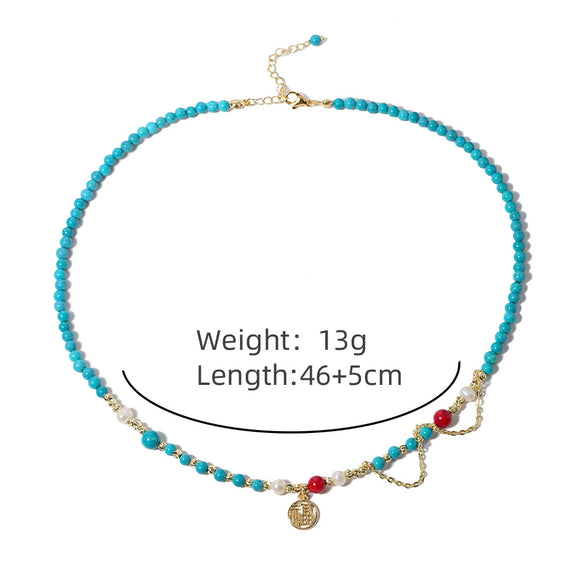 Wholesale Jewelry Natural Freshwater Pearl Turquoise Geometric Copper Clavicle Chain Electroplated