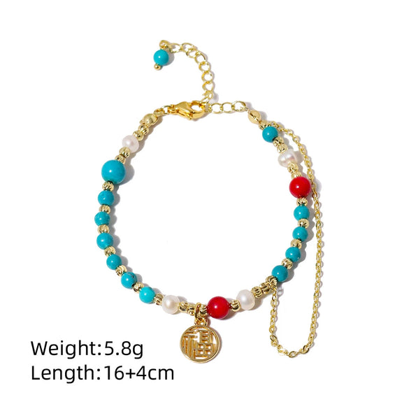 Wholesale Jewelry Natural Freshwater Pearl Turquoise Geometric Copper Clavicle Chain Electroplated