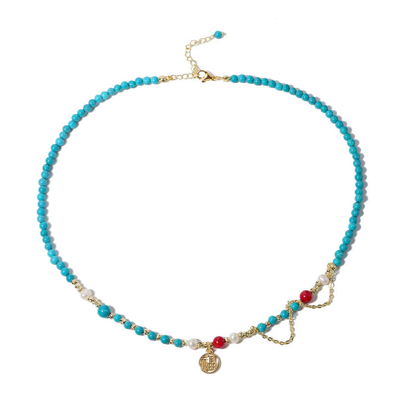 Wholesale Jewelry Natural Freshwater Pearl Turquoise Geometric Copper Clavicle Chain Electroplated
