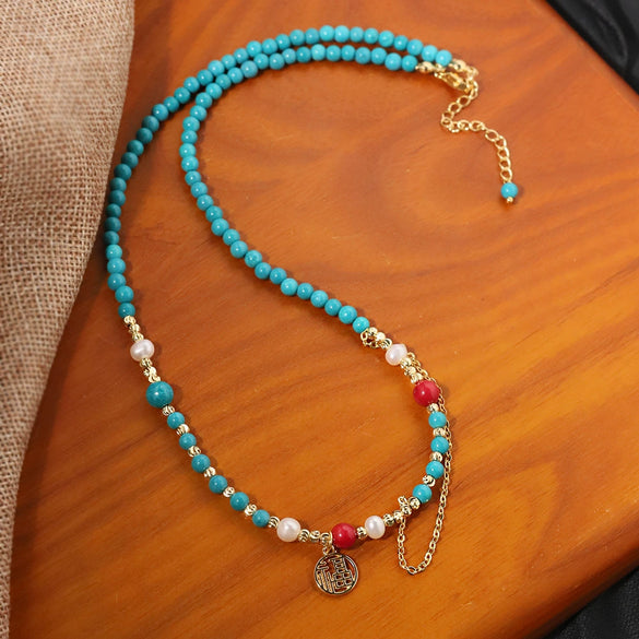 Wholesale Jewelry Natural Freshwater Pearl Turquoise Geometric Copper Clavicle Chain Electroplated