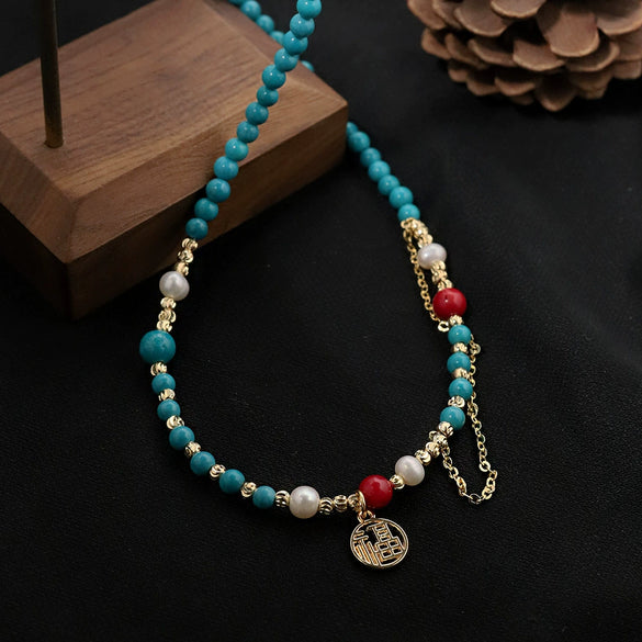 Wholesale Jewelry Natural Freshwater Pearl Turquoise Geometric Copper Clavicle Chain Electroplated