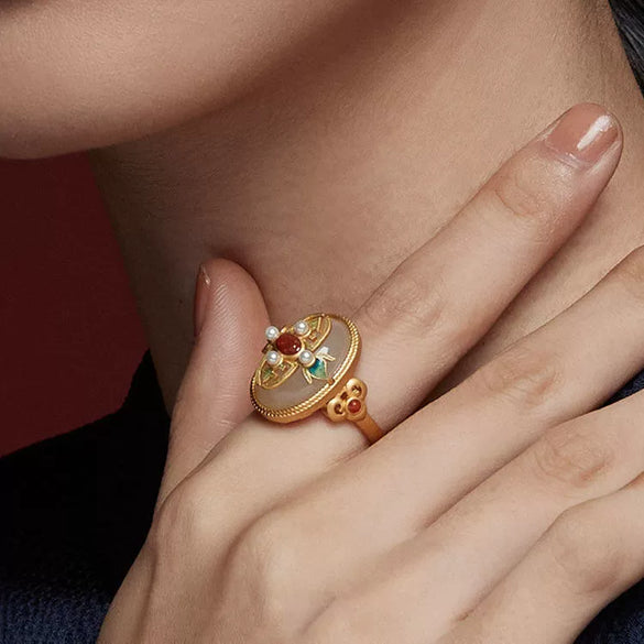 Wholesale Jewelry Natural Hetian Jade Pearl Southern Red S925 Sterling Silver Enamel Copper Unisex Minimalist Animal Zodiac Geometric U Shape Cartoon Characters Ring