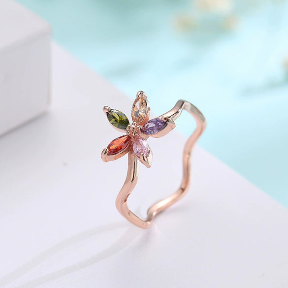 Wholesale Jewelry Natural Plant Flower Geometric Fivepointed Star Rose Gold Zircon Electroplated Ring For Women