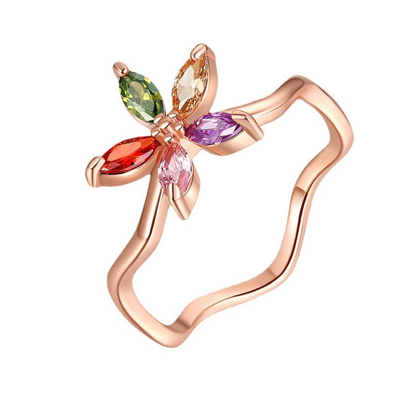 Wholesale Jewelry Natural Plant Flower Geometric Fivepointed Star Rose Gold Zircon Electroplated Ring For Women