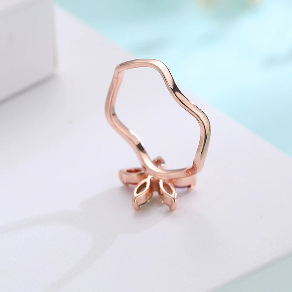 Wholesale Jewelry Natural Plant Flower Geometric Fivepointed Star Rose Gold Zircon Electroplated Ring For Women