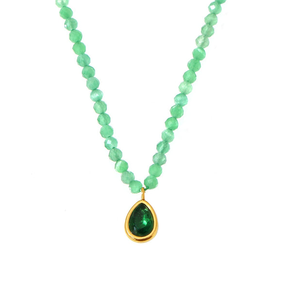 Wholesale Jewelry Natural Stone Beaded Emerald Cat's Eye Stone Water Drop Pendant 316L Stainless Steel Light Luxury Geometric Electroplated Women's Necklace