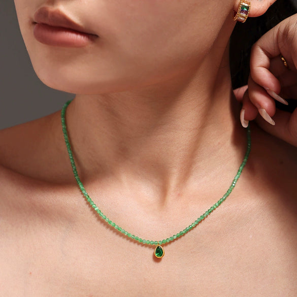 Wholesale Jewelry Natural Stone Beaded Emerald Cat's Eye Stone Water Drop Pendant 316L Stainless Steel Light Luxury Geometric Electroplated Women's Necklace