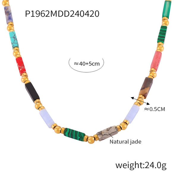 Wholesale Jewelry Natural Stone Beaded Geometric Handmade 316L Stainless Steel Necklace For Women