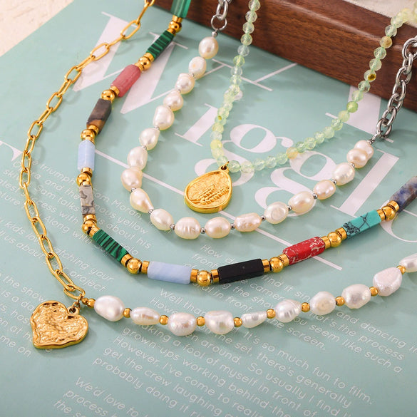 Wholesale Jewelry Natural Stone Beaded Geometric Handmade 316L Stainless Steel Necklace For Women