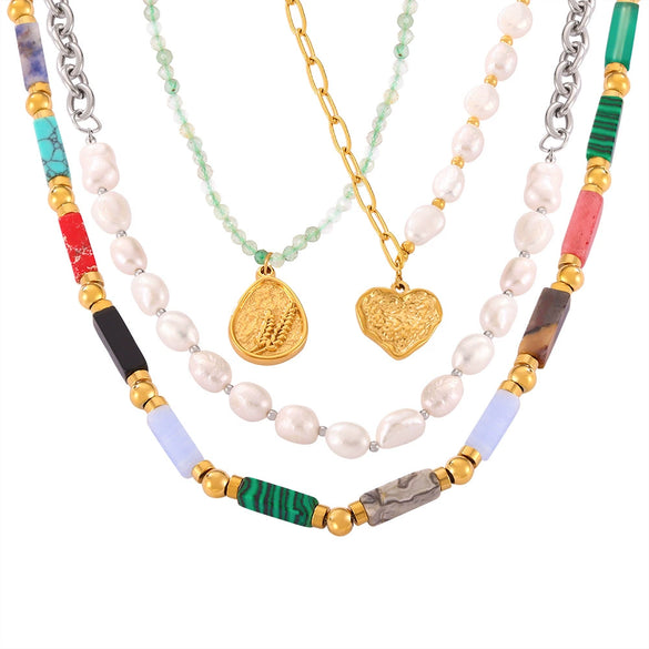 Wholesale Jewelry Natural Stone Beaded Geometric Handmade 316L Stainless Steel Necklace For Women