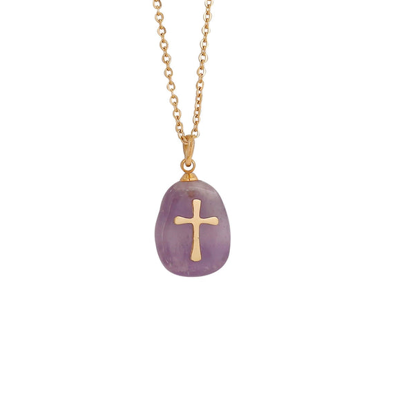 Wholesale Jewelry Natural Stone Cross Stainless Steel Necklace For Women With Geometric Design And Electroplating Treatment