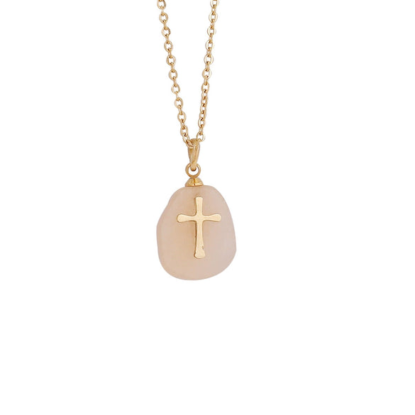 Wholesale Jewelry Natural Stone Cross Stainless Steel Necklace For Women With Geometric Design And Electroplating Treatment