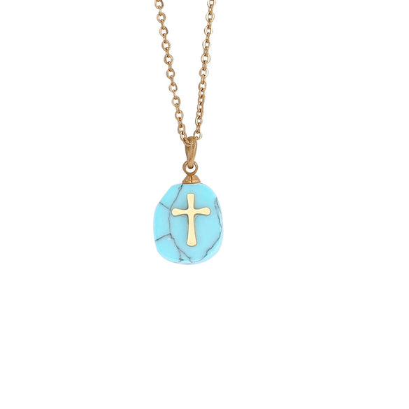 Wholesale Jewelry Natural Stone Cross Stainless Steel Necklace For Women With Geometric Design And Electroplating Treatment