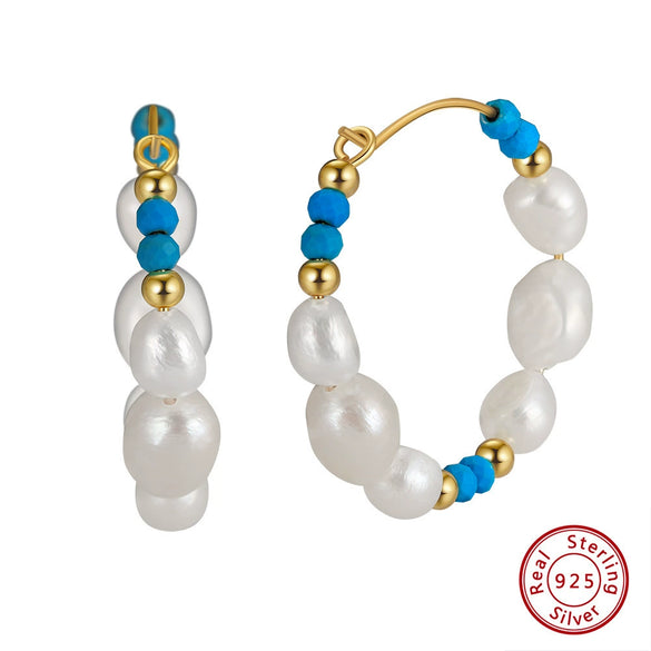 Wholesale Jewelry Natural Stone S925 Sterling Silver Freshwater Pearl Turquoise Geometric Earrings Electroplated