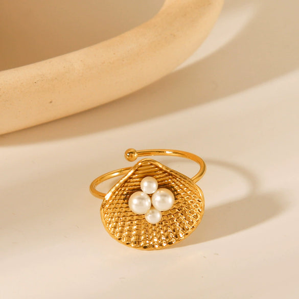 Wholesale Jewelry Natural Style Geometric Stainless Steel Shell Ring With Electroplating For Women
