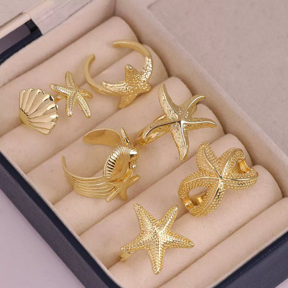 Wholesale Jewelry Niche Animal Style Geometric Copper Ring With Starfish Conch Pattern Electroplated For Women