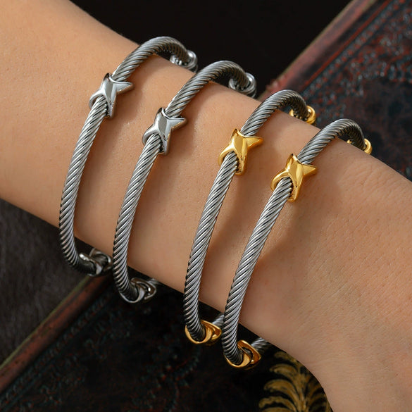 Wholesale Jewelry Niche Geometric 316L Stainless Steel Open Bracelet With Electroplating And Multilayer Line Twist Design
