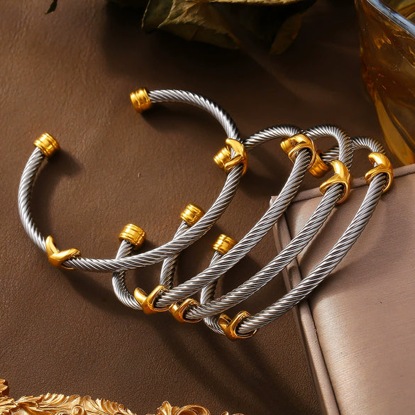 Wholesale Jewelry Niche Geometric 316L Stainless Steel Open Bracelet With Electroplating And Multilayer Line Twist Design