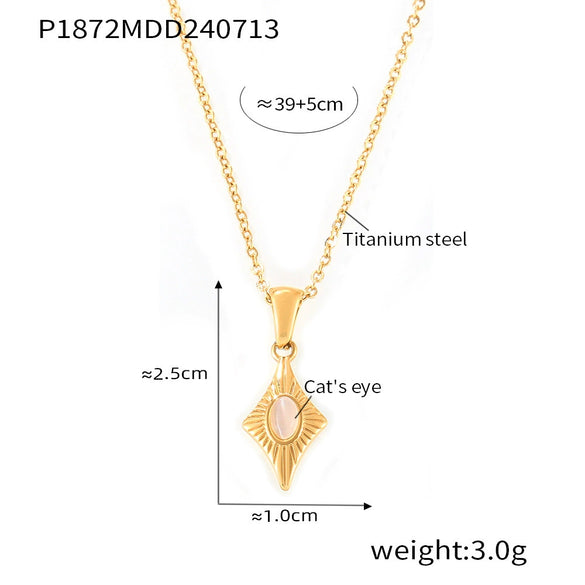 Wholesale Jewelry Niche Style 316L Stainless Steel Pendant Necklace With Quadrilateral Pattern And Cat's Eye Pendant