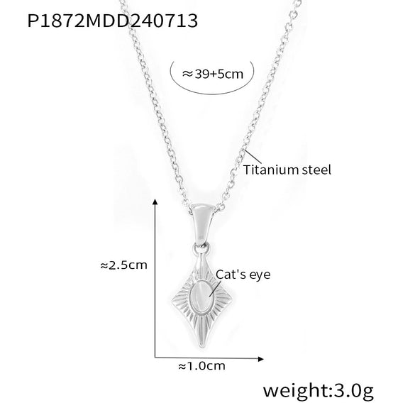 Wholesale Jewelry Niche Style 316L Stainless Steel Pendant Necklace With Quadrilateral Pattern And Cat's Eye Pendant