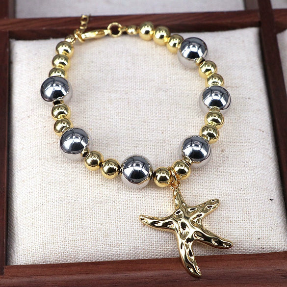 Wholesale Jewelry Ocean Series Cute Starfish Pendant Geometric Gold Plated Copper Beads Gold And Silver Gradient Bracelet