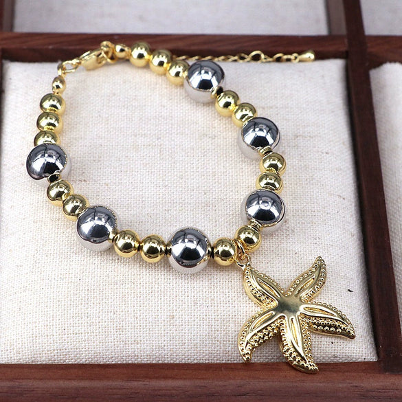 Wholesale Jewelry Ocean Series Cute Starfish Pendant Geometric Gold Plated Copper Beads Gold And Silver Gradient Bracelet