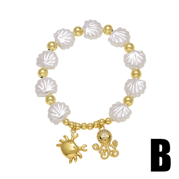 Wholesale Jewelry Ocean Series Starfish Shell Love Pendant Copper Gold Plated Geometric Style Bracelet