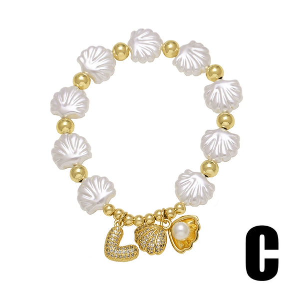 Wholesale Jewelry Ocean Series Starfish Shell Love Pendant Copper Gold Plated Geometric Style Bracelet