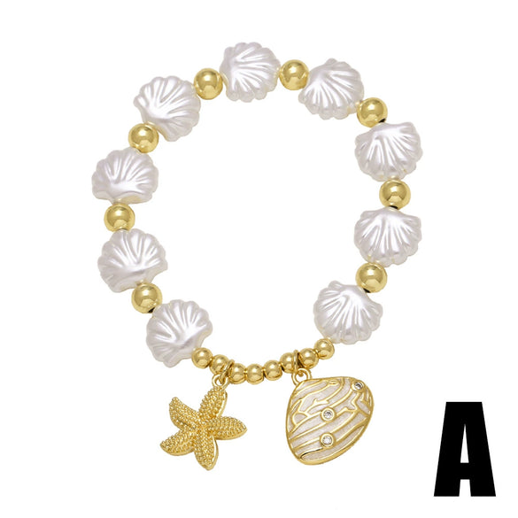Wholesale Jewelry Ocean Series Starfish Shell Love Pendant Copper Gold Plated Geometric Style Bracelet